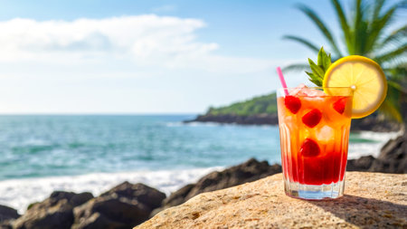 Refreshing fruit cocktail on a rocky seaside setting, garnished with a lemon wedge, with palm leaves and sea view with copy space. High quality photoの素材