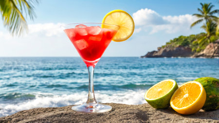 Refreshing fruit cocktail on a rocky seaside setting, garnished with a lemon wedge, with palm leaves and sea view with copy space. High quality photoの素材