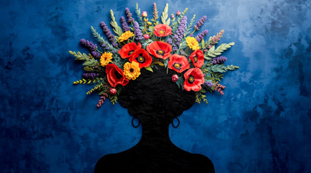 Silhouette of a woman with afro made of red poppies, daisies, and leaves, styled on a textured blue background, symbolizing creativity and natureの素材
