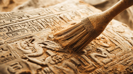 Archaeologist meticulously examines ancient hieroglyphs in a dimly lit tomb. High quality photoの素材