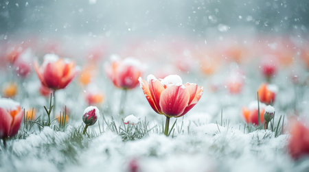 Beautiful crocus flowers blooming in snow under morning sunlight. High quality photoの素材
