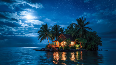 A wooden house on a tropical island surrounded by palm trees under a starry night sky with a full moon, glowing warmly in the serene seascapeの素材