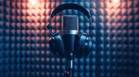 Professional audio recording setup featuring a studio microphone and headphones with a visualizer display. High quality photoの素材