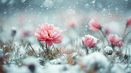 Beautiful crocus flowers blooming in snow under morning sunlight. High quality photoの素材