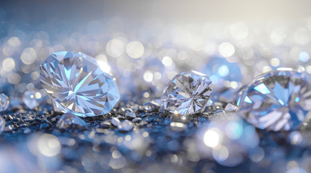 Shiny cut diamonds scattered on a sparkling textured surface with glowing bokeh background, concept of luxury, clarity, and brilliance. High quality photoの素材