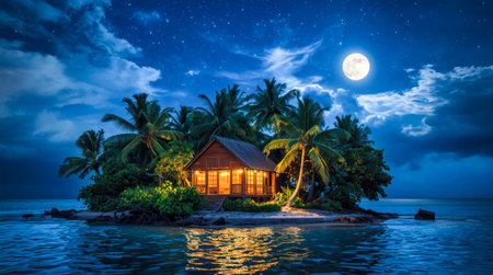 A wooden house on a tropical island surrounded by palm trees under a starry night sky with a full moon, glowing warmly in the serene seascapeの素材