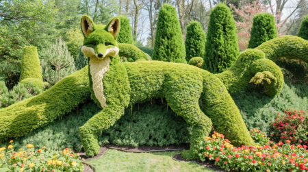 Fox-shaped topiary sculpture made of green bushes in a forest garden setting. . High quality photoの素材