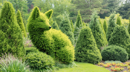 A fox-shaped topiary sculpture made from green shrubs surrounded by pine trees and wildflowers, in a lush garden setting. High quality photoの素材