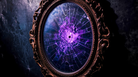 Shattered ornate mirror with glowing purple cracks, dramatic lighting, dark background. Concept of mystery, fantasy, or broken reality. High quality photoの素材