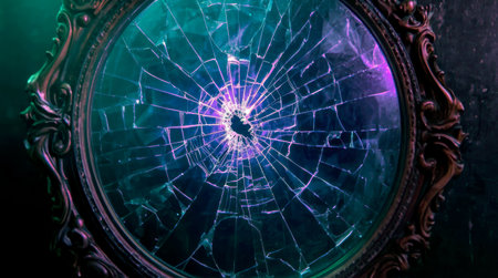 Ornate round mirror with shattered glass glowing purple on dark textured wall. . High quality photoの素材