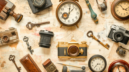 Old clocks, vintage cameras, and antique keys arranged on aged paper background, showing retro style and nostalgic collection conceptの素材