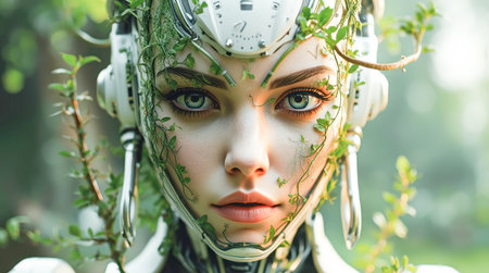 Close-up of futuristic female cyborg with leaves and vines on her face, realistic style, soft green blurred background, concept of nature fusion. High quality photoの素材