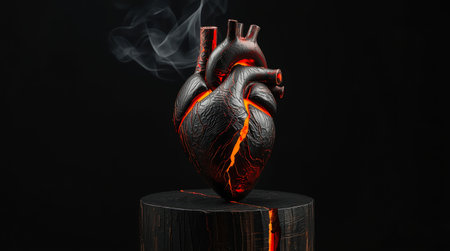 Charred heart with glowing lava cracks on dark background concept of emotional pain. . High quality photoの素材