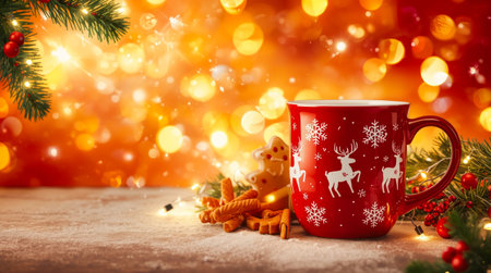 Holiday-themed red mug with reindeer and snowflakes, cookies beside it, glowing festive bokeh background, concept of cozy Christmas vibesの素材