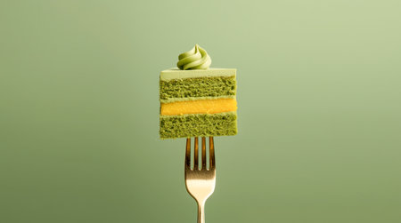Slice of cake on golden fork against green background in minimalist style. . High quality photoの素材