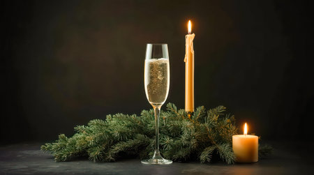 Holiday champagne glass with candles and pine branches on dark festive background. . High quality photoの素材