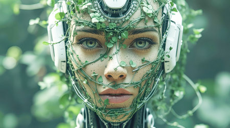 Futuristic female cyborg with nature integration on soft green blurred background. . High quality photoの素材