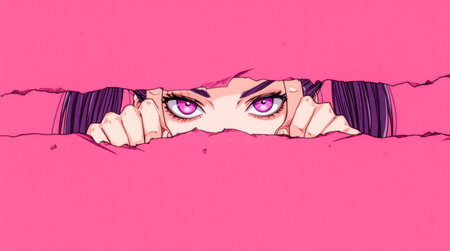 Woman peeking through torn pink paper with intense violet eyes and nails. . High quality photoの素材