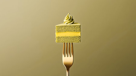 A slice of cake with cream and filling held on a golden fork, minimalistic style, isolated on a solid green background, concept of dessert. High quality photoの素材