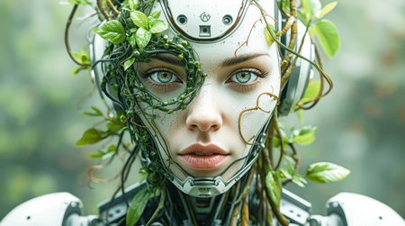 Close-up of futuristic female cyborg with leaves and vines on her face, realistic style, soft green blurred background, concept of nature fusion. High quality photoの素材