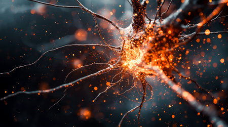 Glowing neuron cell with branching synapses and spark-like particles, digital artwork style, on a dark background, concept of brain activityの素材