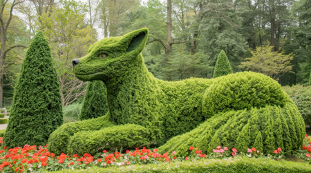 Fox-shaped topiary sculpture made of green bushes in a forest garden setting. . High quality photoの素材