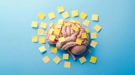 Human brain model covered in sticky notes on blue background symbolizing memory overload. . High quality photoの素材