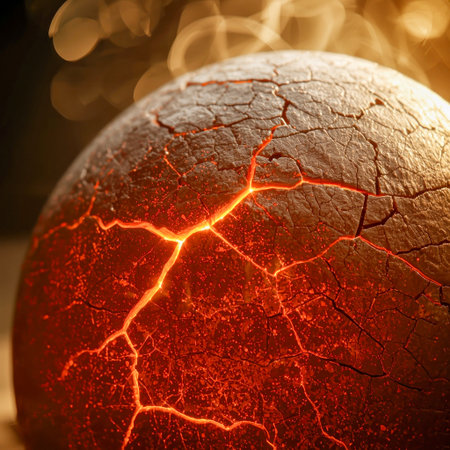 Molten lava surface with glowing cracks and rough texture, shown in a macro style on a dark background, representing intense geothermal energy. High quality photoの素材