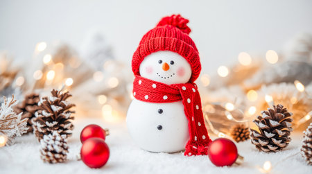 Cute snowman in red winter hat and scarf surrounded by pinecones and ornaments. . High quality photoの素材