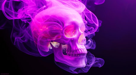 Glowing translucent skull surrounded by purple and cyan smoke on dark background. . High quality photoの素材