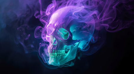 Translucent glowing skull in cyan and purple hues surrounded by swirling smoke, with a dark background, symbolizing mysticism and mortality. High quality photoの素材