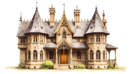 Elaborate Gothic Victorian style mansion with tall towers and arched windows, detailed artistic style, isolated on white, concept of architecture. High quality photoの素材