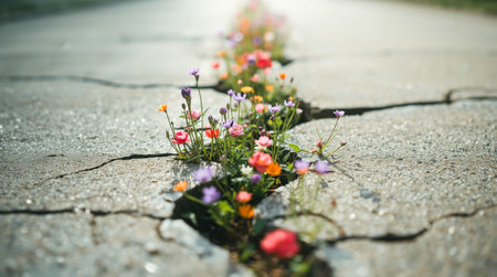 Bright wildflowers blooming through a cracked asphalt surface, natural photography style, outdoors in sunlight, concept of resilience and hope. High quality photoの素材