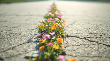 Bright wildflowers blooming through a cracked asphalt surface, natural photography style, outdoors in sunlight, concept of resilience and hope. High quality photoの素材
