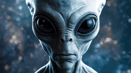 Close-up of a humanoid alien with detailed skin texture and large black eyes, set against a cosmic space background, concept of extraterrestrial life. High quality photoの素材