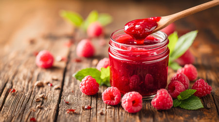 Raspberry jam in glass jar with wooden spoon, fresh raspberries and mint leaves around, natural lighting, rustic homemade food concept. High quality photoの素材