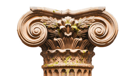 Detailed wooden Corinthian column capital with floral motifs, realistic texture, isolated on white background, concept of classical architectureの素材