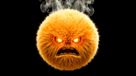 Fluffy round orange creature with glowing angry eyes and steam above it, digital style, on black background, symbolizing extreme anger. High quality photoの素材