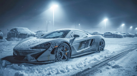 Sports car covered in snow parked under streetlights in winter parking lot. . High quality photoの素材