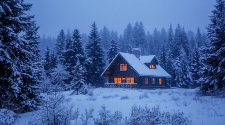 A wooden cabin with glowing windows sits in a snowy pine forest at dusk, surrounded by snow-covered trees, evoking winter tranquilityの素材