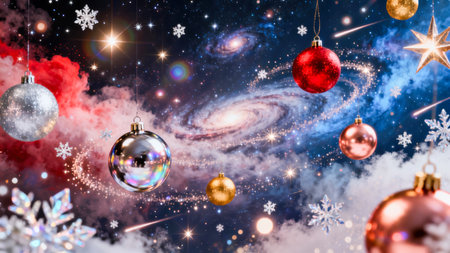 Glittering Christmas baubles float in a dreamy galaxy with stars, snowflakes, and clouds on a festive cosmic fantasy backgroundの素材