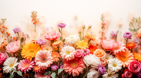 Vibrant mix of daisies, sunflowers, and roses in full bloom, captured in natural style, on a warm soft background, symbolizing spring beautyの素材