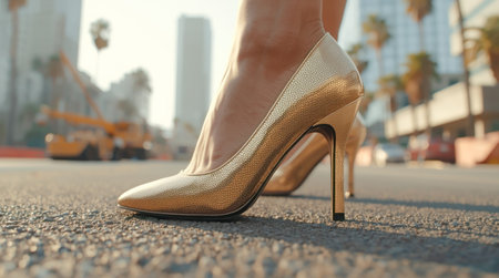 Stylish gold stiletto high heel worn by a woman standing on asphalt, realistic style, blurred city background, concept of fashion and eleganceの素材