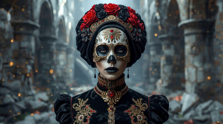Gothic woman with skull face makeup in elaborate costume and rose headdress, standing in a ruined cathedral, symbolizing mystery and eleganceの素材