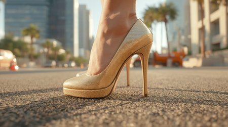 Stylish gold stiletto high heel worn by a woman standing on asphalt, realistic style, blurred city background, concept of fashion and eleganceの素材