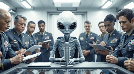 An alien sits at a microphone in a modern room, surrounded by military officers in uniform, concept of extraterrestrial diplomacyの素材
