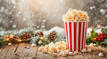 Popcorn in red striped bucket on rustic wooden table with pinecones, holly, snow and festive lights, celebrating the Christmas seasonの素材