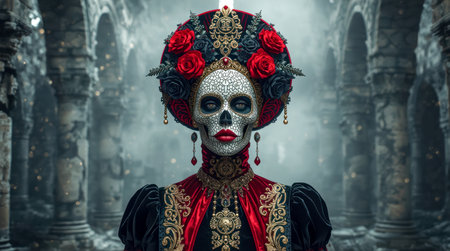 Woman in Day of the Dead makeup, wearing red and gold gothic dress with roses, standing in dramatic ancient ruins, fantasy celebration conceptの素材