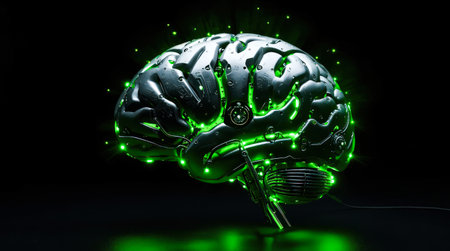 Metallic cybernetic brain structure with glowing green lights and circuits, futuristic concept on a black background, symbolizing AI and technology.の素材