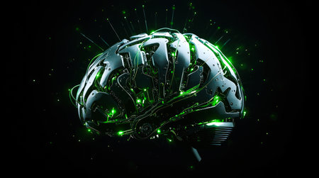 High-tech cybernetic brain with glowing green circuits, metallic style, isolated on black background, symbolizing digital intelligence concept. High quality photoの素材